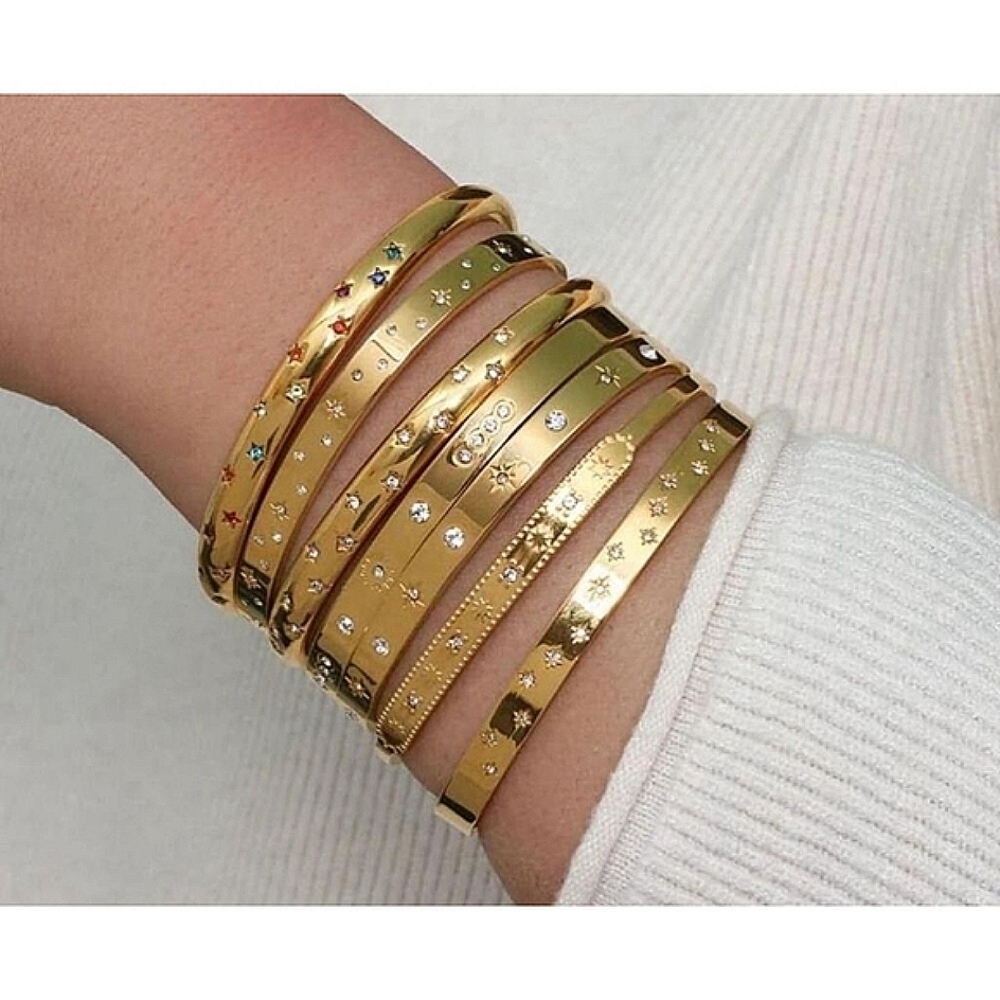NEW Unisex Gold Plated 316L Simulated Diamond Star Cuff‎ Bracelet, Adjustable